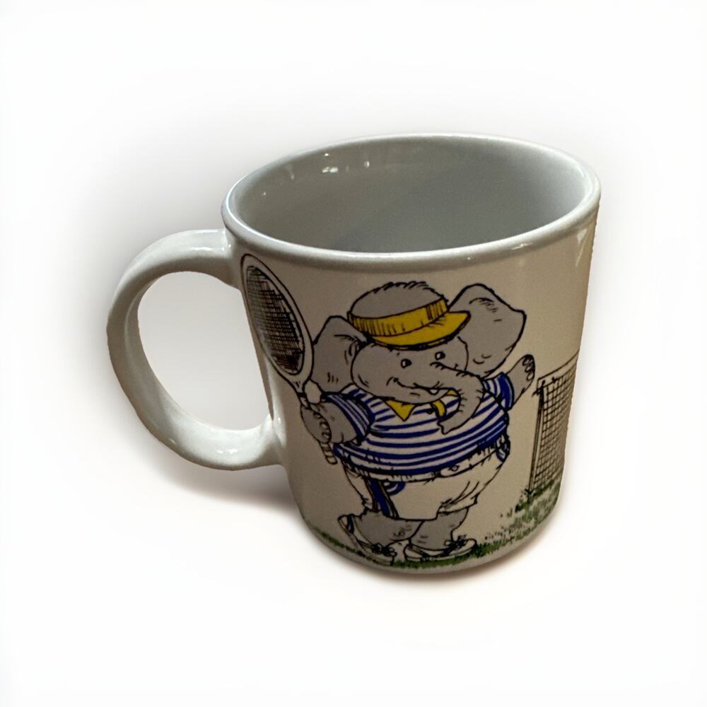 Potpourri Press Elephants Playing Tennis Ceramic Coffee Mug Cup Japan 8 oz